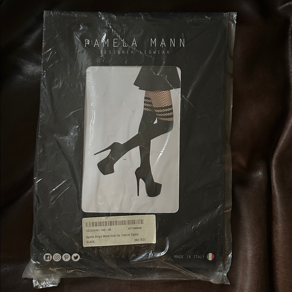NWT Pamela Mann Sports Stripe Mock Hold Up Fishnet Tights
